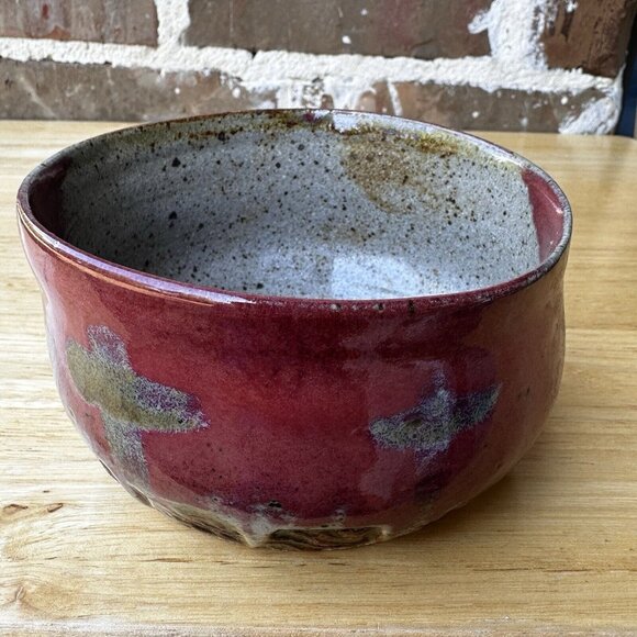 Empty Bowls‎ Art Pottery Bowl Red Beige Cross Motif Speckled 4.5" x 2.75" Signed - Picture 5 of 13
